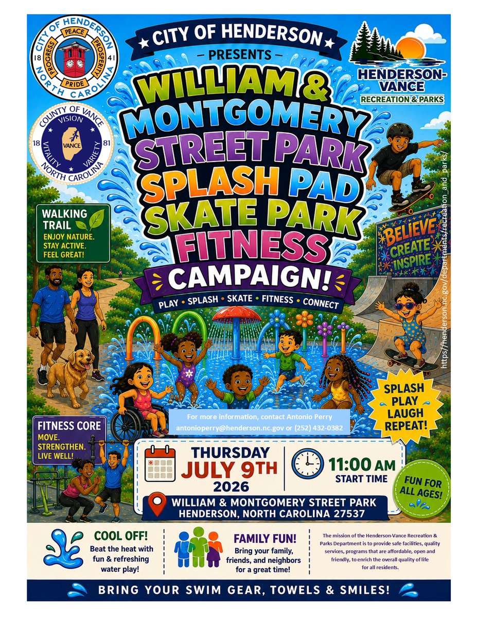 HendersonVance1's tweet photo. The City of Henderson presents the William &amp; Montgomery Street Park Splash Pad, Skate Park, and Fitness Campaign! This Thursday, July 9th at 11am, enjoy the water, stay active, and have fun with family and friends! https://t.co/hnJ8moJQar