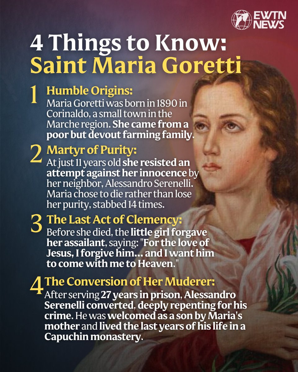 EWTNVatican's tweet photo. Today (July 6) the Church celebrates St. Maria Goretti, the young Italian martyr of purity and forgiveness. At just 11 years old, she was fatally attacked after resisting an assault by her neighbor, Alessandro Serenelli. Before her death, she forgave him, praying that he would one day be with her in heaven. 

Deeply devoted to the Passion of Christ, Maria was spiritually formed by the Passionist Fathers, whose preaching on Christ’s suffering shaped her faith and inspired her heroic forgiveness. Canonized in 1950, she remains a powerful witness that holiness is possible at any age.
