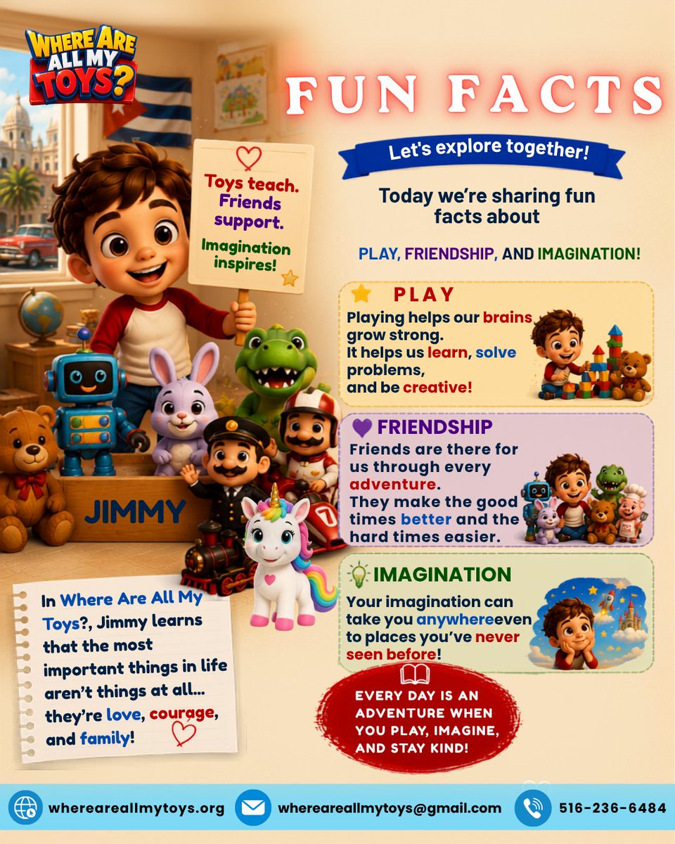 AuthorSamM's tweet photo. ✨ FUN FACT!

🧸 Play builds confidence.
💙 Friends build kindness.
🌈 Imagination builds dreams.
💬 Which inspires you most?
#WhereAreAllMyToys #KidsBooks #Imagination #ReadTogether #Childhood https://t.co/C79UyMdF2P