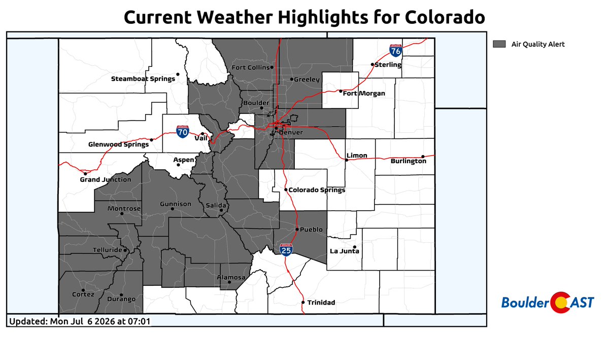 BoulderCAST's tweet photo. This Week in Colorado Weather: More Smoke, a Few Storms and the Scorching Weekend Ahead 🔥💨📈

However, there is light at the end of the hot/smoky tunnel — the now-delayed 2026 monsoon will make its triumphant return next week ⛈️

Full details: https://t.co/7127JO6qcZ #COWx https://t.co/LjWzJAOZ8F