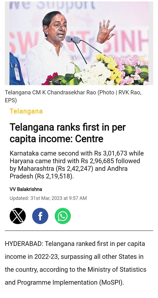 dcstunner999's tweet photo. #Telangana had ( 1st rank )the Highest Per Capita Income in the country under #KCR ji govt 

Today Telangana slipped to 3rd rank under Congress Revanth Reddy govt 

The difference is clear how a State flourishes when a Able Leader governs &amp; when an inept Leader governs

@KTRBRS https://t.co/bcHzWgqskg
