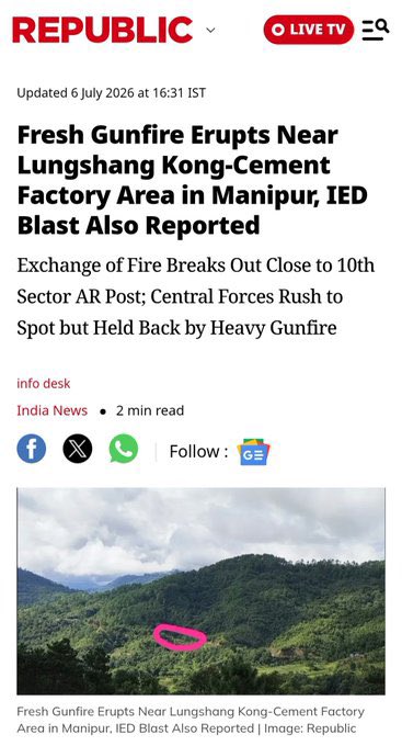 Beck_Eimi's tweet photo. #Manipur
Another deadly reminder of the cost of terrorism. Two Assam Rifles personnel laid down their lives after an NSCN-IM terrorist ambush at Lungshang Khong reportedly involving IEDs and heavy gunfire.

Their courage will be remembered.
Those who wage war through terror against the nation and its security forces must face swift and uncompromising justice.
#ManipurViolence

@PMOIndia @HMOIndia @MIB_India
@PIBHomeAffairs @MinorityPIB @aajtak
@ZeeNews
@indiatvnews @DDNewslive
@News24
@Resonant_News
@CNNnews18
@ndtvindia
@NewsNation @RepublicBhart
@ANI
@ABPNews
@News18India @TOlIndiaNews
@PTI_News @airnewsalert
@BBCIndia @TimesNow @NIA_India @adgpi