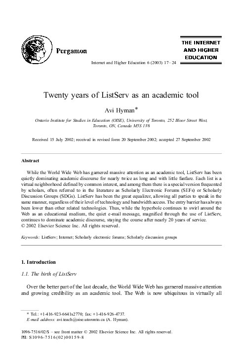 BrianRoemmele's tweet photo. Paper: Twenty Years of ListServ as an Academic Tool — and the Rediscovery of Its Living Archives

In 2003, Avi Hyman, then at the Ontario Institute for Studies in Education (University of Toronto), published a quietly powerful reflection in Internet and Higher Education: “Twenty years of ListServ as an academic tool.” 

This paper arrived at a moment when the World Wide Web was still the loud, hyped newcomer in education and scholarship. 

Hyman’s central observation was simple yet profound: while the Web grabbed headlines and funding as the transformative academic technology, ListServ had already been the real workhorse of scholarly discourse for nearly twice as long and it had done so with almost no fanfare.

The provided first page (abstract and opening) captures the thesis perfectly. ListServ, Hyman argued, was “the great equalizer.” It let scholars, students, and interested outsiders speak in the same register regardless of their bandwidth, hardware, or technical sophistication. 

All you needed was email still the most ubiquitous and lowest-friction digital tool even in the early 2000s. 

Each list functioned as a “virtual neighborhood defined by common interest.” Among them, Scholarly Electronic Forums (SEFs) and Scholarly Discussion Groups (SDGs) became the serious, sustained heart of academic exchange.

Here are the most enduring insights from the 2003 analysis:

ListServ was the unsung dominant force in academic discourse. By 2003 it had already outlasted the early Web hype cycle in actual day-to-day scholarly use. Email lists simply worked; reliably, asynchronously, and across every level of institutional and personal infrastructure. It was push messages in what was becoming more a pull world. 

It was the great equalizer. Low barriers to entry meant a graduate student in a low-bandwidth setting could participate as fully as a well-funded researcher at a major university.

The technology did not amplify existing privilege the way early graphical Web tools often did.
Scholarly lists created genuine “virtual neighborhoods.” Focused, interest-driven communities (HUMANIST from 1987 onward, H-Net networks, discipline-specific lists) fostered the kind of ongoing, substantive conversation that formal journals and conferences could not match in speed or intimacy.

Active moderation was the secret sauce. Hyman and the studies he cites show that well-moderated lists produced markedly higher participation, satisfaction, and intellectual quality. Moderation turned raw email into something closer to a managed seminar.

Endurance came from simplicity, not spectacle. Even as the Web exploded, ListServ stayed the course because it asked almost nothing extra from users. The quiet, push-based email message, magnified across thousands of subscribers, proved more durable for real scholarly work than pull-based websites and early forums.

Hyman was clear-eyed about limitations too: participation often followed power-law distributions (a small number of heavy posters, many lurkers or one-time contributors), follow-up threads could be thin, and there were ongoing questions around copyright, credit, and whether list contributions “counted” in academic evaluation. 

Still, the overall verdict was that ListServ had delivered on the promise of networked scholarship more consistently than its flashier rivals.

A Personal Bridge to the Present: My Recent LISTSERV Tape Backup Discovery

Reading Hyman’s paper now is interesting. Just yesterday (July 5, 2026) I shared the breakthrough discovery of what appears to be one of the largest surviving collections of raw LISTSERV archives decades of data across thousands of lists, pulled from old university cartridge tape backups I acquired years ago as surplus.

1 of 2