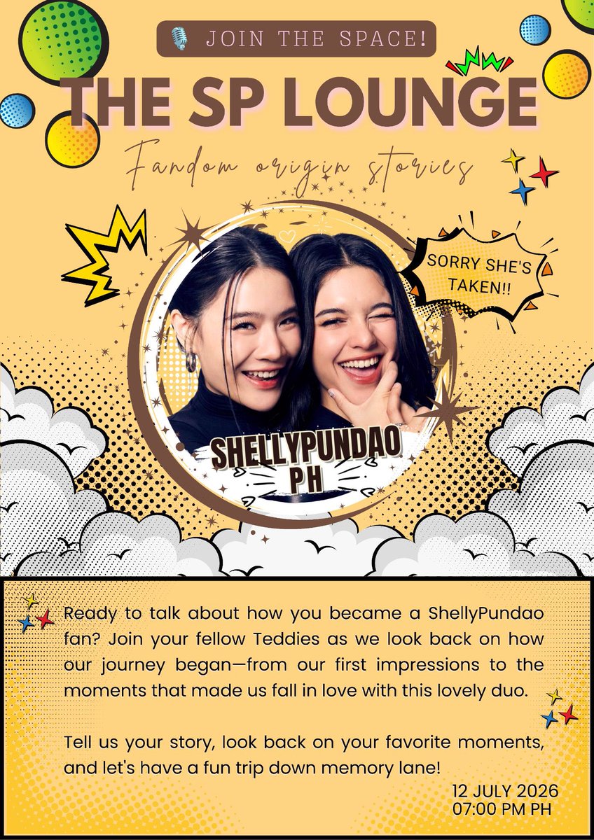 SPPHOFC's tweet photo. Mabuhay Teddies!   

We’re back again!!! 

Join us this Sunday, July 12th for the next episode of "The SP Lounge - EP 3" - "She’s Taken! - Fandom Origin Stories" 🎙️✨ 

This Sunday, we are diving deep into the roots of a fandom that completely took over our timelines. We're tracking the origins of the ShellyPundao fandom—from the very first edits and viral moments that sparked the ship, to the tight-knit community that built it into what it is today. Let's get into how it all started! 

📅Sunday, 12th of July
📍Right here on X  
⏰ 7pm PHT, 6pm BKK & 12pm GMT
🔔Set your reminders!!

Tell us your stories, look back on your favourite moments and let’s have a fun trip down memory lane!!

Tune in to relive the best moments, share the love, and vibe with the fandom—see you there! 🧸

#shellypundao #teddies