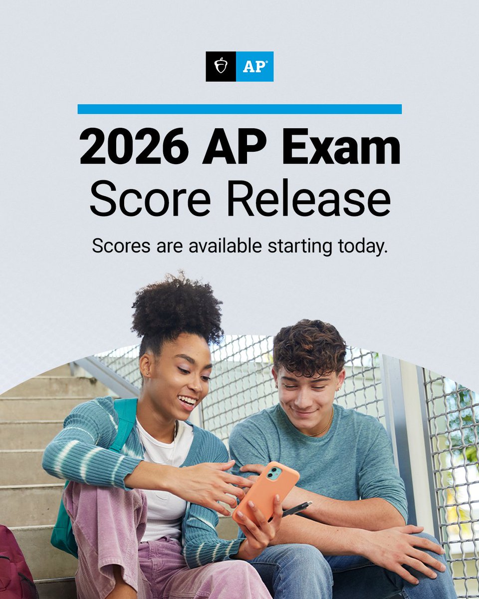 CollegeBoard's tweet photo. 2026 AP Exam scores are available to students starting today. 

Students can view scores here: https://t.co/CVN54nWrWt https://t.co/B8AM77UYu5