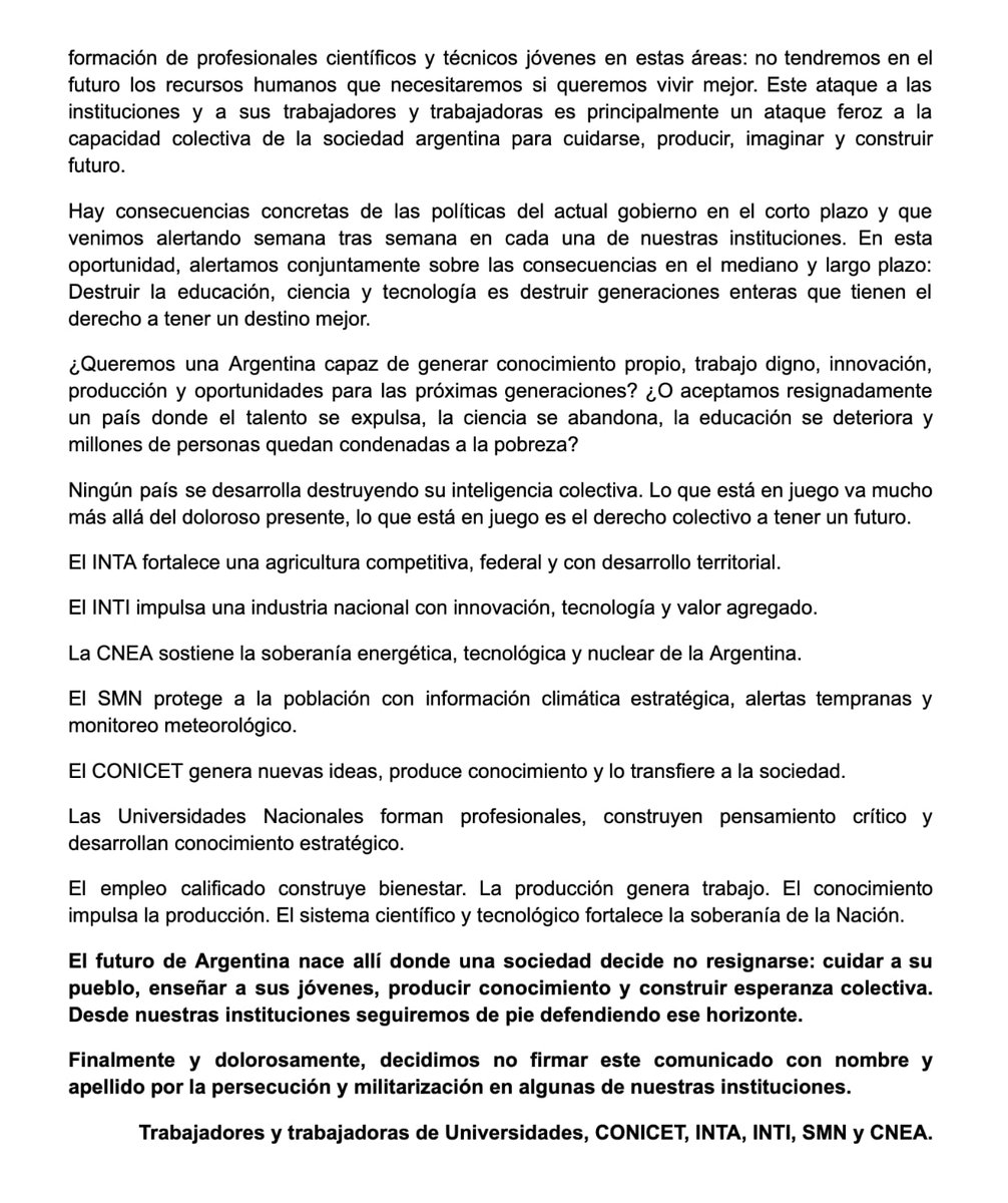hugo_vera_'s tweet photo. Hoy más que nunca, defender la #ciencia, la #tecnología y la #educación pública es defender el derecho colectivo a construir una Argentina con desarrollo, trabajo y soberanía.

Acompañamos este comunicado porque ningún país crece destruyendo el conocimiento que construye futuro. https://t.co/e7msyR2rRp