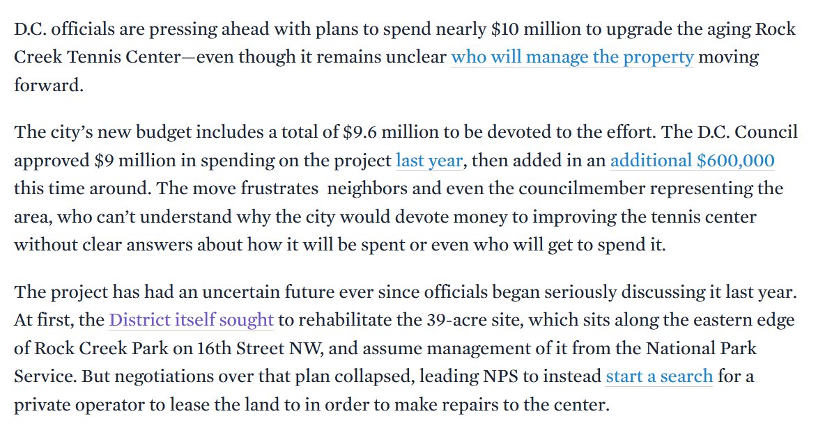 AlexKomaDC's tweet photo. New: D.C. is pressing ahead with plans to spend $9.6M renovating the Rock Creek Tennis Center...though there's no telling how that money will be spent or who will spend it.

The drama over the aging center is heating up once more as the Mubadala DC Open comes to town this month: https://t.co/eqKXiAciUN