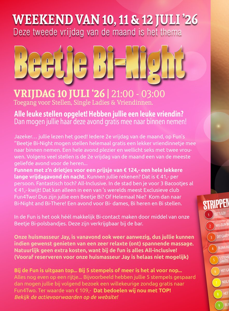 clubfun4two's tweet photo. Ons nieuwe weekendprogramma staat online op https://t.co/jRrn8J3zQP
Team Fun4Two
#parenclub #swingersclub #programma #Fun4Two #weekend #party #singleladies #couples #zondag #zaterdag #vrijdag #swingerssunday #poolparty https://t.co/OVctiRpJ69