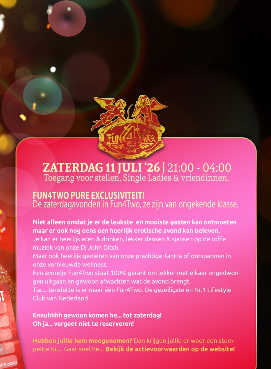 clubfun4two's tweet photo. Ons nieuwe weekendprogramma staat online op https://t.co/jRrn8J3zQP
Team Fun4Two
#parenclub #swingersclub #programma #Fun4Two #weekend #party #singleladies #couples #zondag #zaterdag #vrijdag #swingerssunday #poolparty https://t.co/OVctiRpJ69