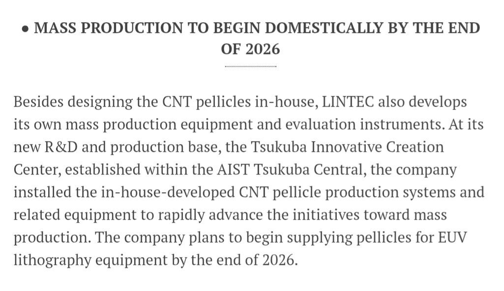 lithos_graphein's tweet photo. LINTEC will begin shipping its new carbon nanotube EUV pellicles to customers by the end of the year, as it enters the production ramp phase.

The company claims 90% transmittance and a 66x improvement in reliability (measured by exposures before failure). Game changer if this proves out.