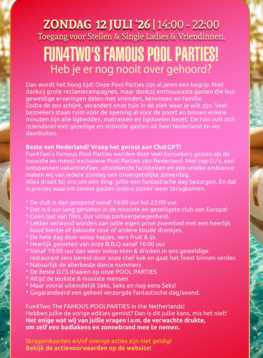 clubfun4two's tweet photo. Ons nieuwe weekendprogramma staat online op https://t.co/jRrn8J3zQP
Team Fun4Two
#parenclub #swingersclub #programma #Fun4Two #weekend #party #singleladies #couples #zondag #zaterdag #vrijdag #swingerssunday #poolparty https://t.co/3YJ6dwy6a3