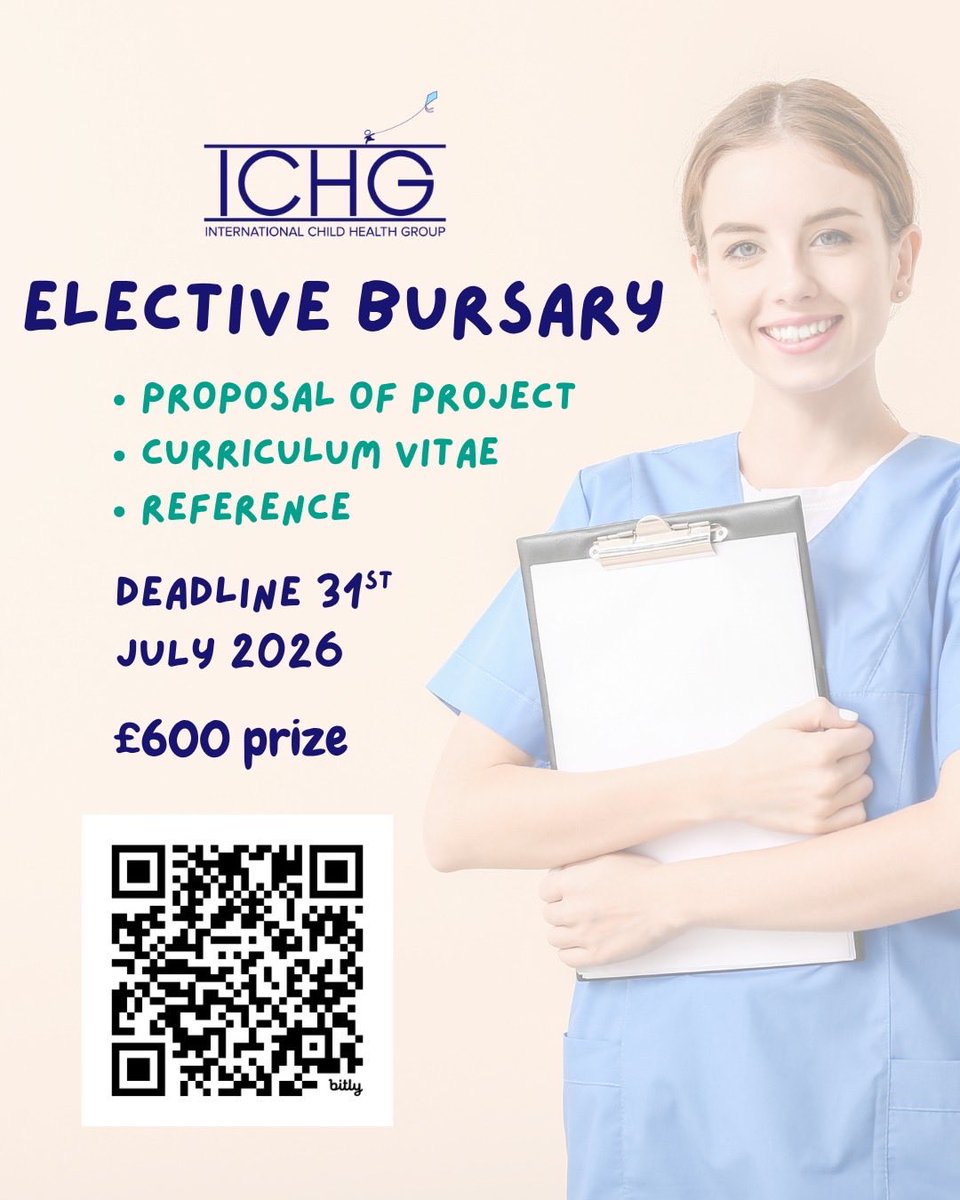 IntChildHealth's tweet photo. ⏰ Reminder: Elective Bursary applications are closing soon!

Planning an international child health elective between October 2026 – March 2027? Don't miss the opportunity to apply for the ICHG Elective Bursary.

🏆 Bursary award: £600 https://t.co/deWHrvStUE
