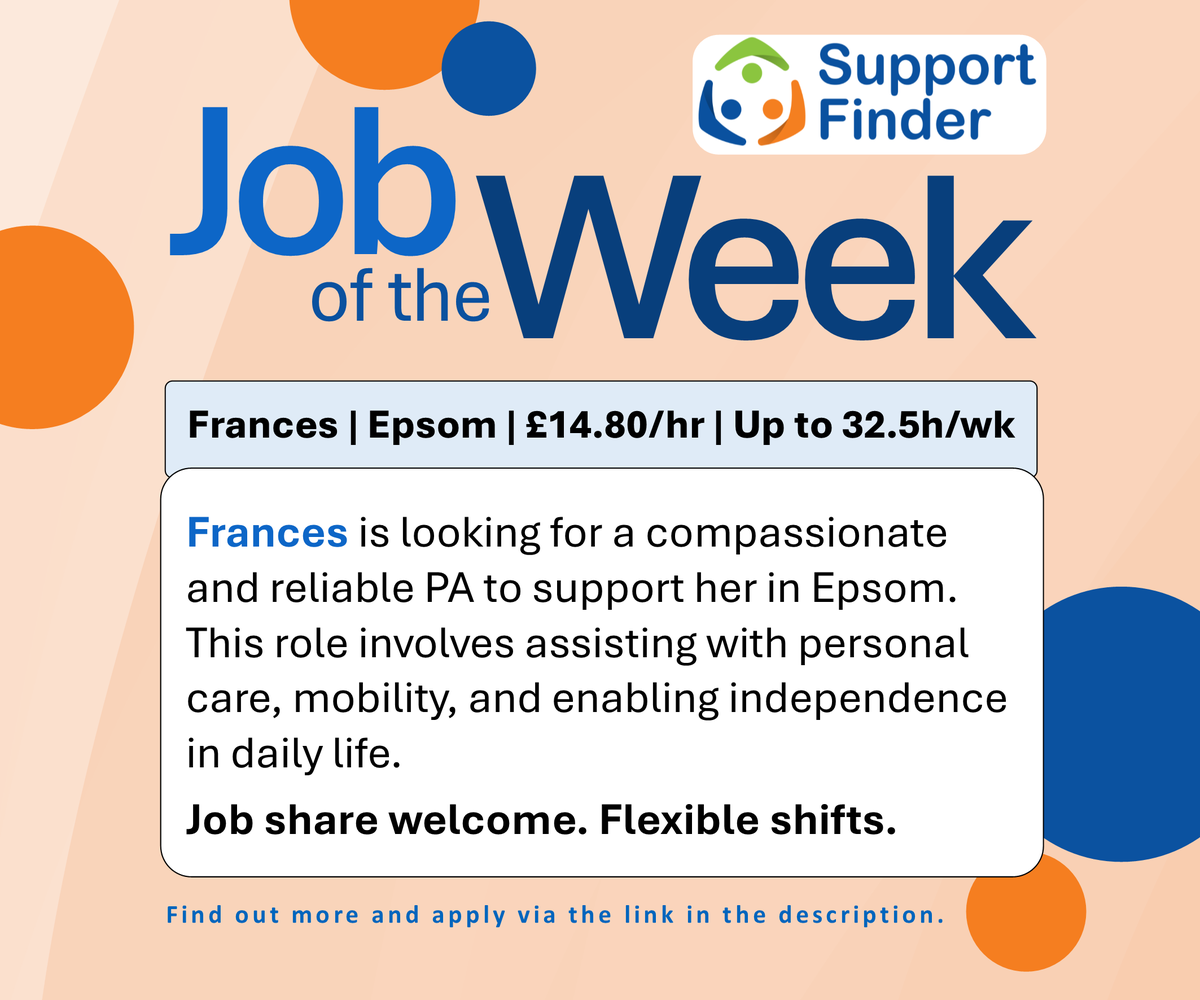Support_Finder's tweet photo. Job of the Week: Frances is looking for a PA for up to 32.5 hours a week in Epsom to assist her, enabling independence in daily life. You can apply through Support Finder.
Direct job link: https://t.co/qFlofiFHiB
#CareJobs @JCPSurreySussex https://t.co/MagERjZEg1