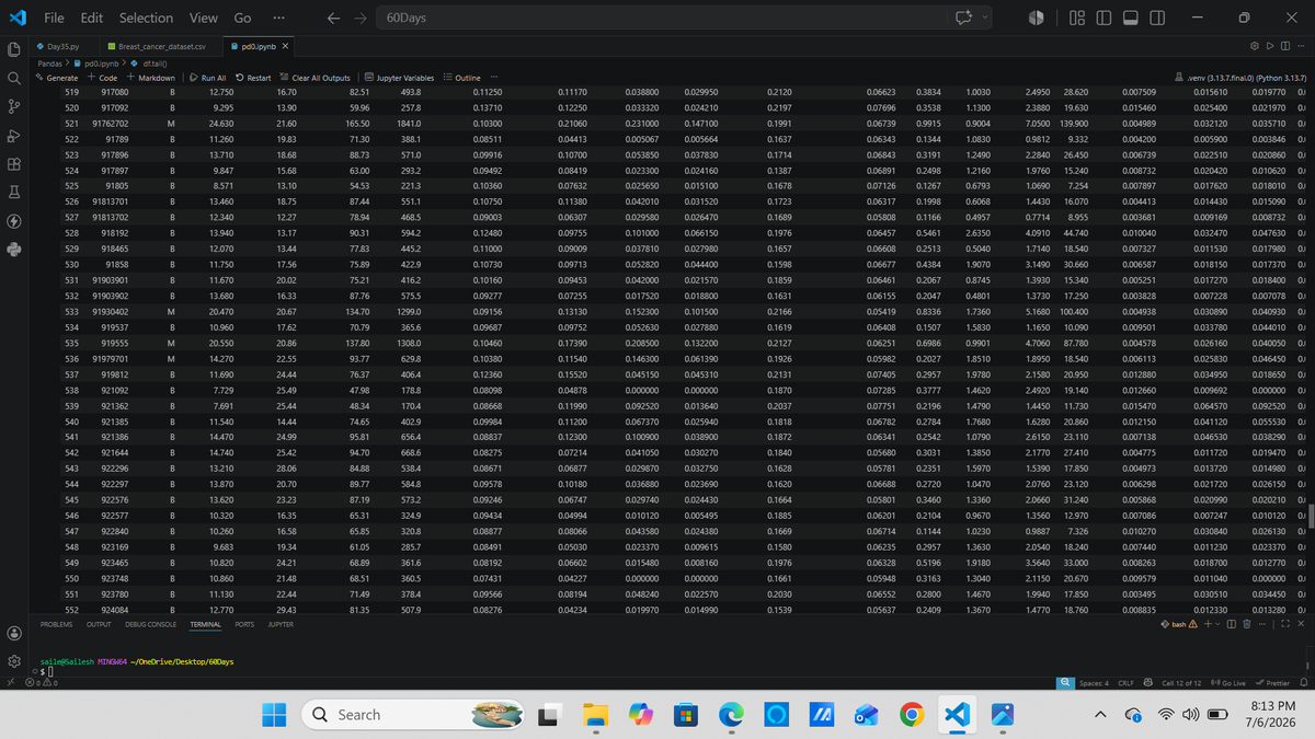 saileshgrg19's tweet photo. #LSPPDay36
Today, I learned to work with Pandas Series and DataFrames, load CSV datasets, inspect data using head(), tail(), and describe(), access columns, and adjust  display settings
@lftechnology 
#LearningWithLeapfrog
#60DaysOfLearning2026
Github:https://t.co/w957orTBJi https://t.co/TaoXrb4GqT