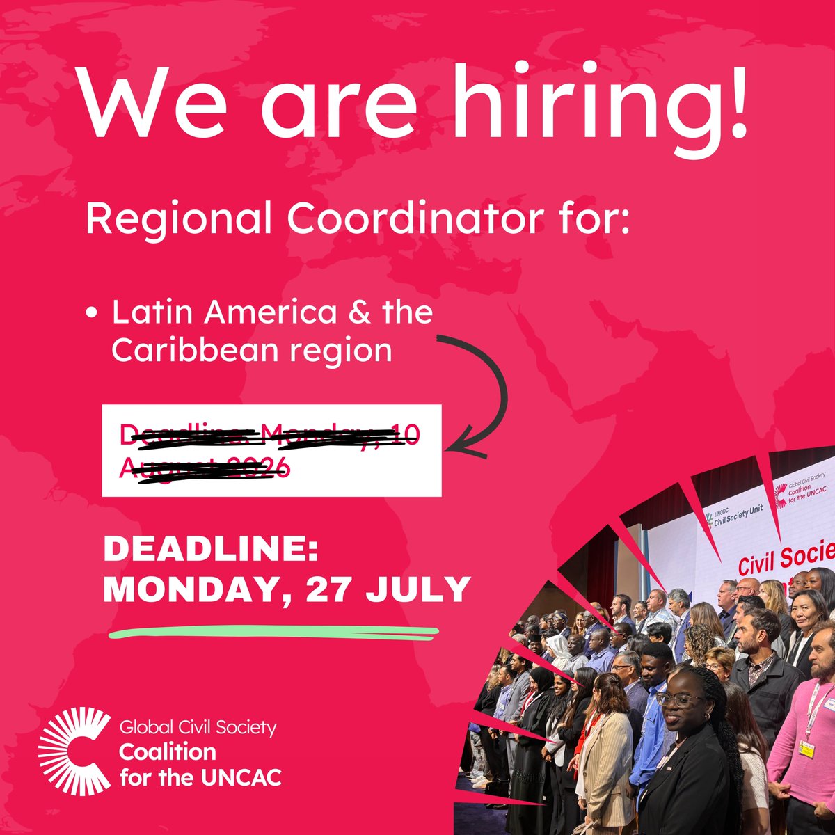 uncaccoalition's tweet photo. 🚨 Correction to the Latin America &amp; the Caribbean Regional Coordinator vacancy 🚨 

Deadline to apply is 27th July! 

Find out more about the role and how to apply here: https://t.co/mfl3VSectS

(deadline for the SWANA role remains the 10th August) https://t.co/SrA2GsnSNo