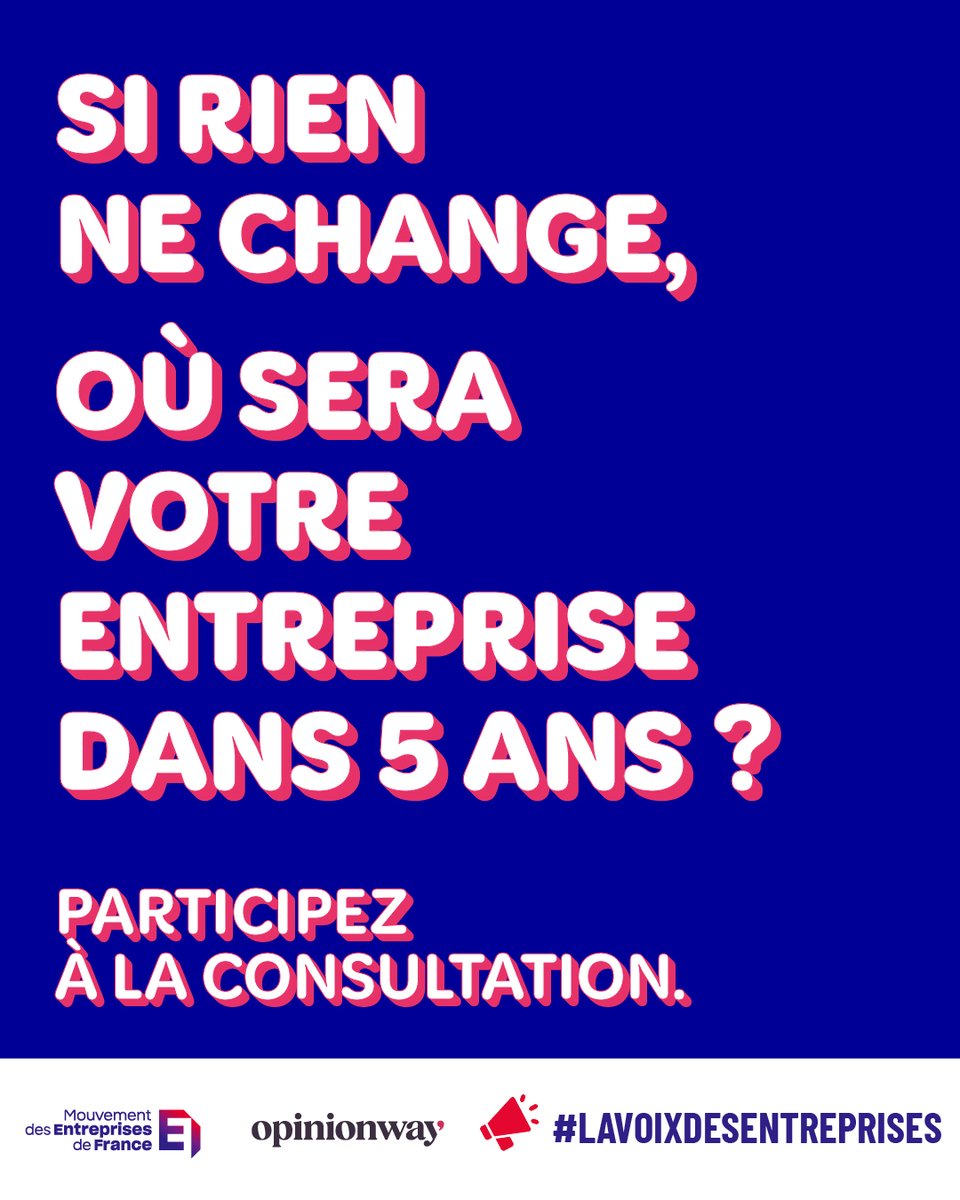 Medef_IDF's tweet photo. 📣#LaVoixDesEntreprises
Si rien ne change, où sera votre #entreprise dans 5 ans ?

À l'approche de l'élection présidentielle, faites entendre votre voix, participez à la consultation.

⏱️3 min suffisent
👉https://t.co/FN41a0Hx7g

#Presidentielle #Entreprises #TPE #PME #ETI #MEDEF https://t.co/aVAZD2emxm
