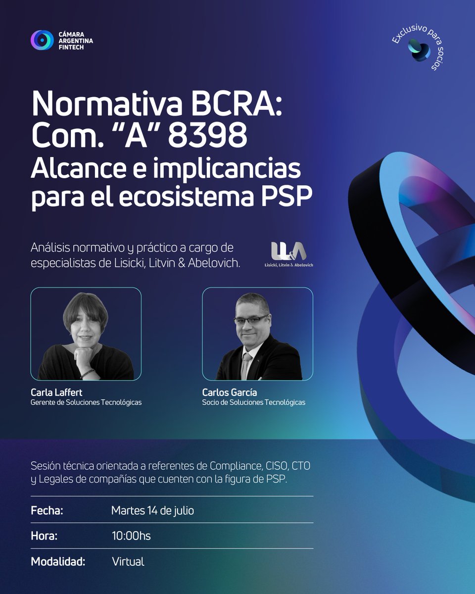 CamaraFintechAr's tweet photo. 📋 Webinar | Com. "A" 8398 del BCRA

Con el plazo de adecuación previsto para el 4 de agosto, desde la Cámara Argentina Fintech, junto a Lisicki, Litvin & Abelovich, organizamos un encuentro para analizar las principales implicancias de la normativa para los PSP.

📅 14 de julio | 10 h | Virtual

🔒 Exclusivo para socios
🔗 Inscripciones: https://t.co/gszRoZvzmj