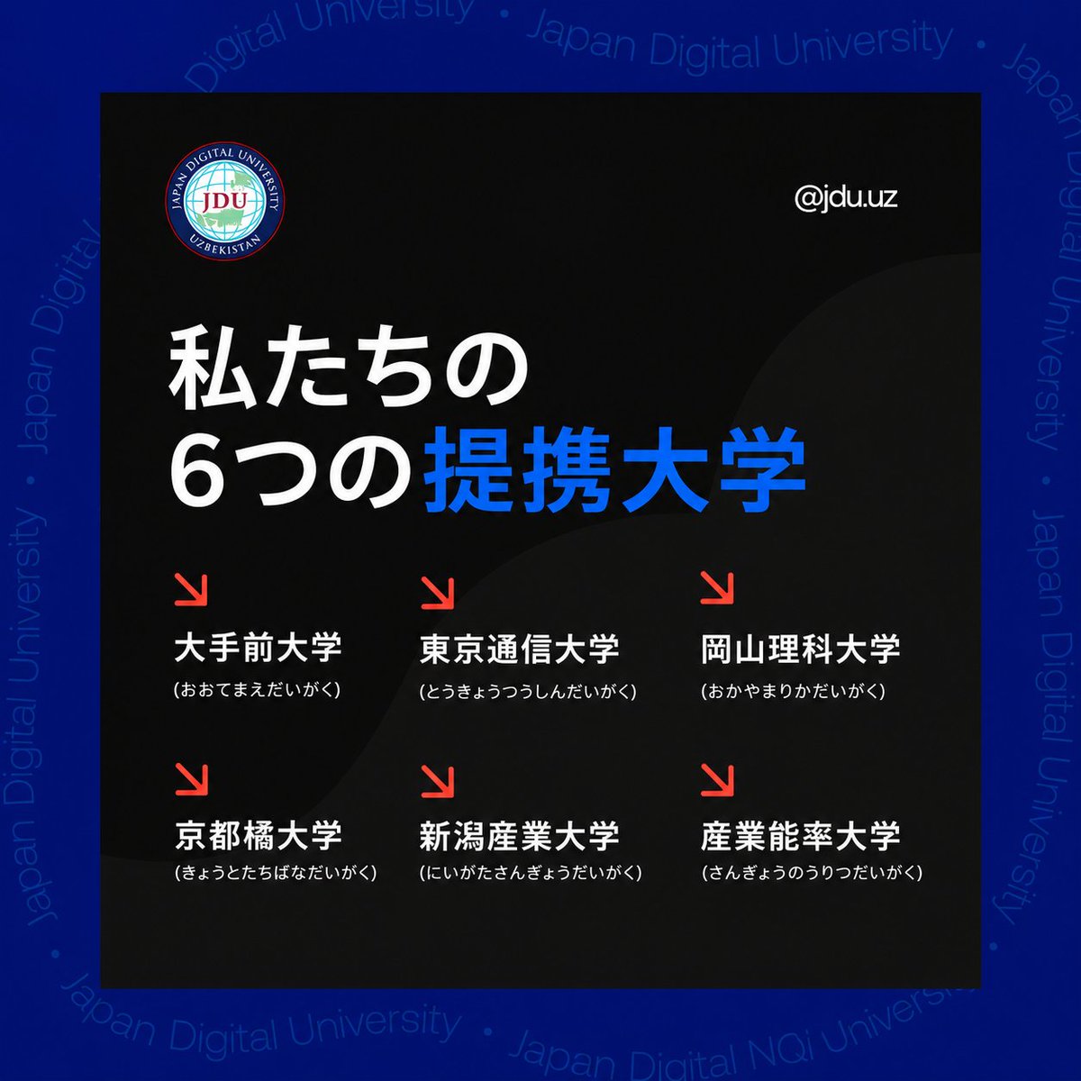 JapanJdu82100's tweet photo. 🇯🇵 Japan Digital Universityは、日本の5つの提携大学とともに、国際的な学びの機会を提供しています。

🤝 提携大学
▪️ 大手前大学
▪️ 京都橘大学
▪️ 新潟産業大学
▪️ 産業能率大学
▪️ 東京通信大学
🌐 JDU：https://t.co/cQdgoGeEE6
#JDU #JapanDigitalUniversity #日本留学 #国際交流 https://t.co/0k6tQDgeuM