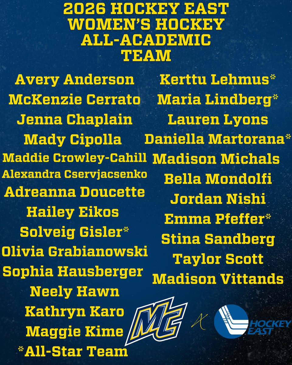 Merrimack_WIH's tweet photo. A league high 5️⃣Academic All-Stars and league tie 2️⃣5️⃣ members highlight our involvement on the @hockey_east All-Academic Team in 2025-26!

#GoMack https://t.co/ZfjmvyVtqy