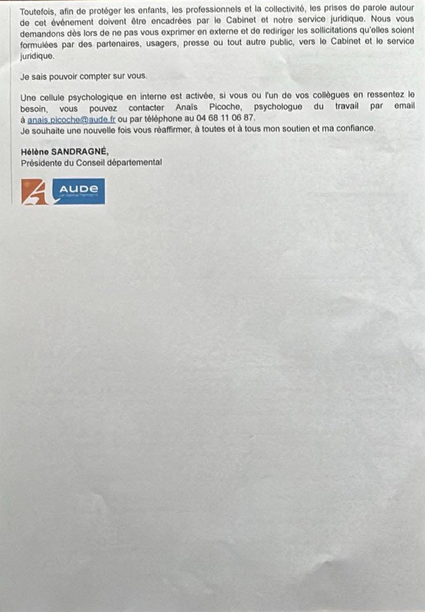 FalconFrederic's tweet photo. 🔴 Donc Mme Sandragné, présidente du Conseil départemental de l’Aude, interdit aux agents de la collectivité de s’exprimer sur l’affaire #Louis et les renvoie… vers une cellule psychologique.

Cette volonté d’étouffer l’affaire est une honte, tout comme les insultes proférées à l’encontre de tous ceux qui s’interrogent sur la gestion de l’ASE de l’#Aude.

Vous ne ferez taire personne. J’appelle tous les agents ayant été témoins de manquements graves à saisir la justice et à témoigner.