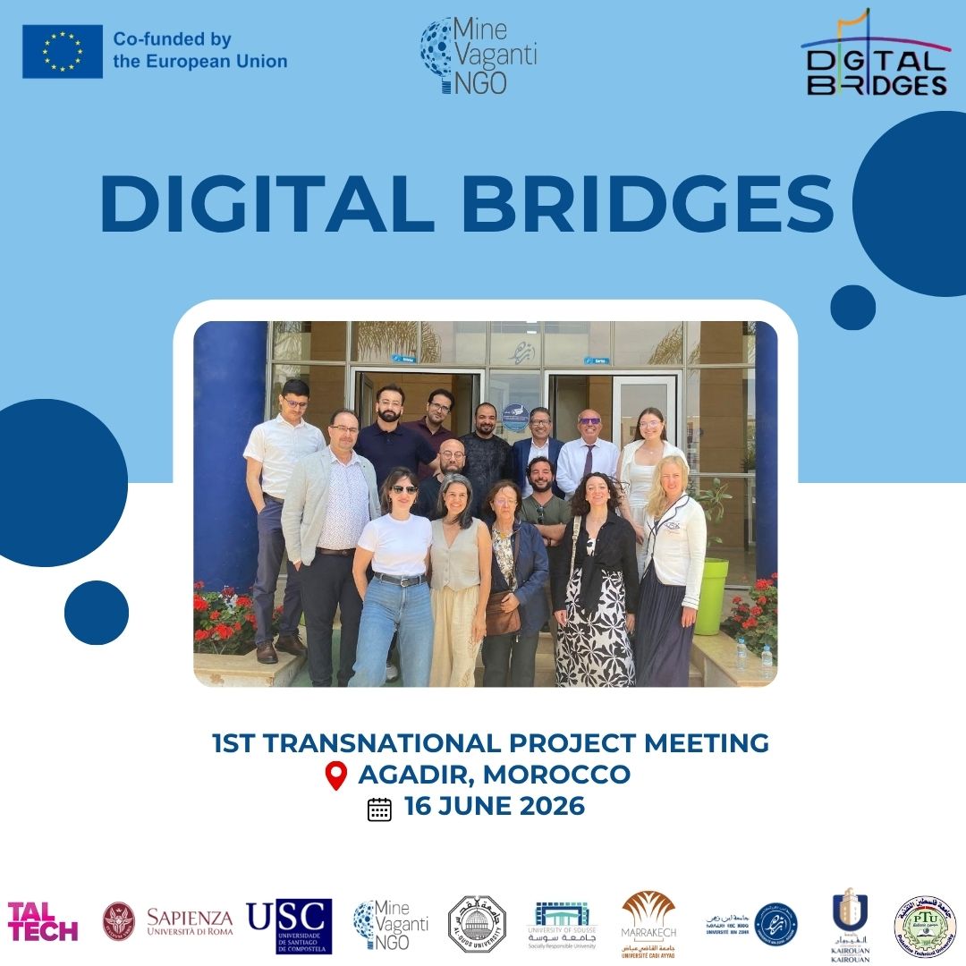 MineVagantiNGO's tweet photo. 🌍 Mine Vaganti NGO joined the 1st Transnational Meeting of Digital Bridges (Erasmus+) in Agadir!
🤝Partners from Estonia, Italy, Spain, Palestine, Morocco &amp; Tunisia shaped a Master's in digital governance for the South Med.
🔍 Research phase now on!

#DigitalBridges #MVNGO https://t.co/pY7nFXwscd