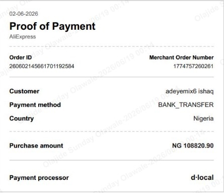 adeyemix4's tweet photo. @chinaorgcn @AliExpress_EN @HelpAliExpress @OPay_NG @dLocalPayments @razorblade300
Aliexpress and opay scammed me the sum of 108820.90(79.44 dollars) on the 2nd of june 2026, opay issued a payment proof which Aliexpress still claimed not to receive it https://t.co/mWOVOXpPTr