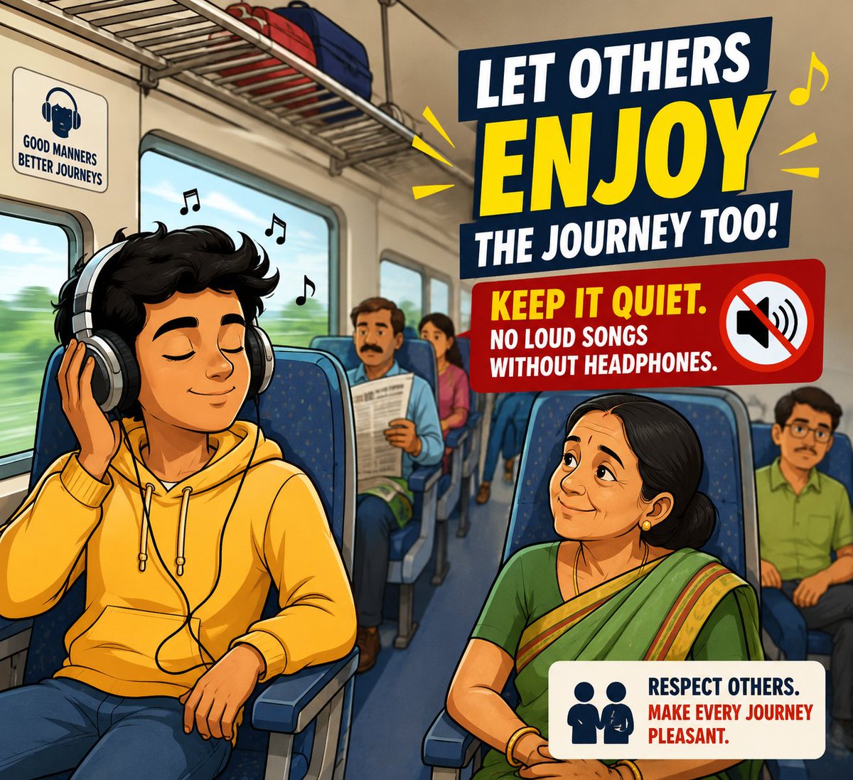 DrmJhansi's tweet photo. 🔇 Good manners make great journeys.
Using headphones is a simple gesture of respect that helps everyone enjoy a peaceful rail journey.
#IndianRailways #GoodManners #UseHeadphones #RailwayAwareness https://t.co/UbSR170Anq