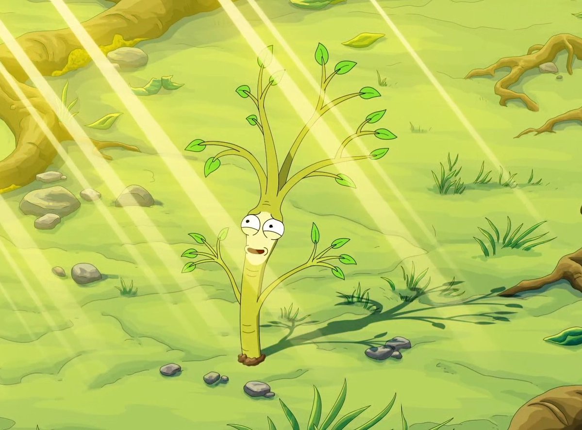 queer428008's tweet photo. he looks so happy as a plant honestly. he genuinely stood alone and broke the cycle of violence. he knows his own worth, and he spent the whole rest of the episode nourishing life. our mother nature morty <3 https://t.co/CvfCIpuXE6