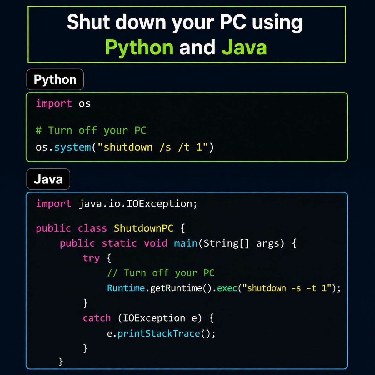 PyInsiders's tweet photo. Shut Down Your PC Using Python and Java https://t.co/DHlIWuRZzs