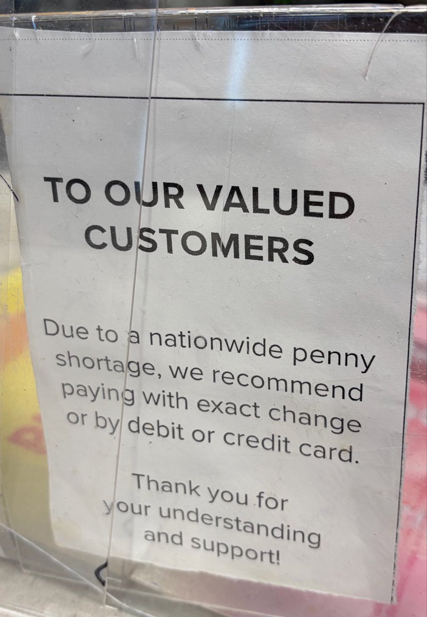 jonathonreilly's tweet photo. Saw a notice about a nationwide penny shortage at Dunkin this morning. Looked it up and pre-1982 pennies are worth 4x face for the CU content. Illegal to melt them down - but bulk buyers are paying 2x face. It’s a bet that the penny is discontinued (so they are buying copper at 1/2 off). Interesting arbitrage.