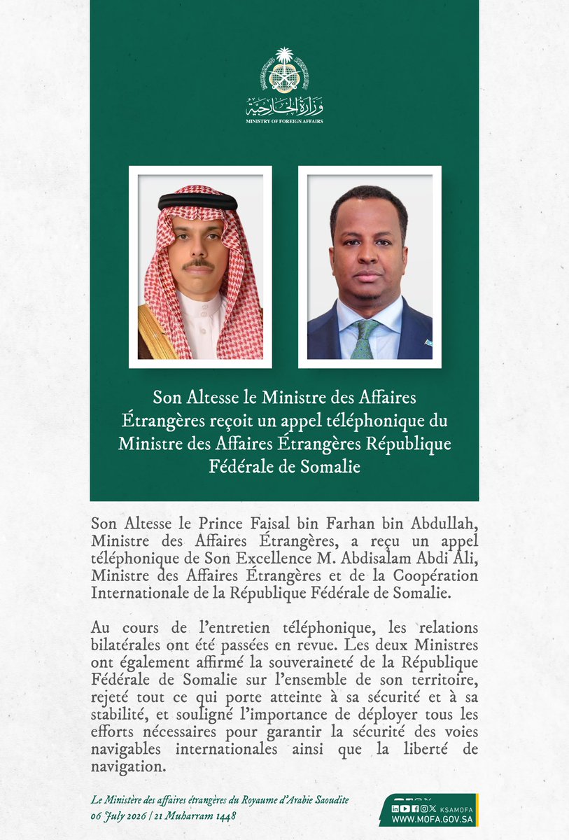 KSAmofaFRA's tweet photo. 🇸🇦📞🇸🇴 | Le Ministre des Affaires Étrangères, S.A. le Prince @FaisalbinFarhan, reçu un appel téléphonique de S.E. M. Abdisalam Abdi Ali, Ministre des Affaires Étrangères et de la Coopération Internationale de la République Fédérale de Somalie. https://t.co/vj5PvF7rF4