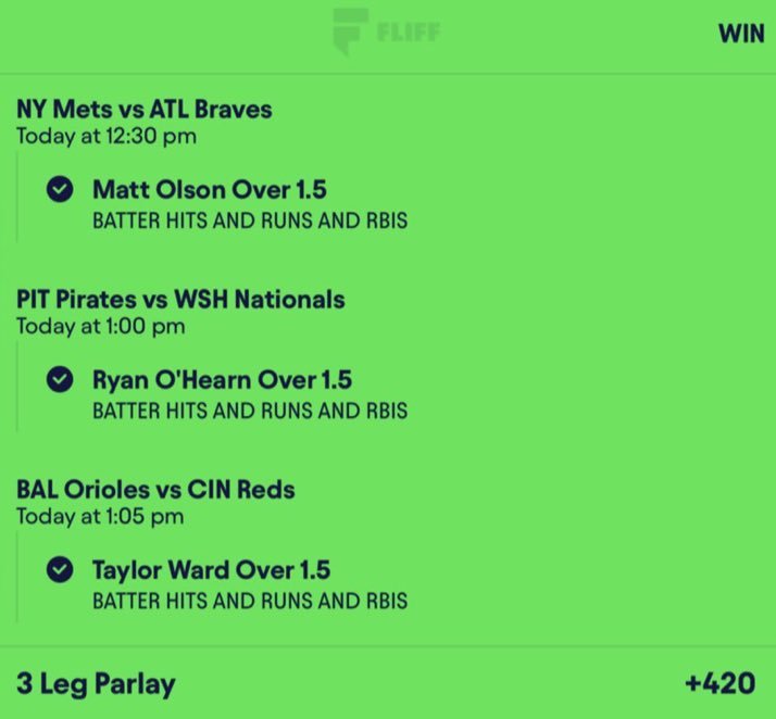 chozen2bfrozen's tweet photo. Cash 🤑🤑🤑 the 3 bet HRR lay✅✅✅

✅ Matt Olson
✅ Ryan O'Hearn
✅ Taylor Ward

Need a win? ➡️ Click the Link for more  Secured winning picks  in my Comment

#WCBB ⛹️ | #NBA 🏀 | #CBB 🔥 
#Prizepicks 🔐 | #PROPS | #POTD 📋
#GIVEAWAY 👋 | #NHL #Picks
#WNBA 🏀 | #Summerleague 💺 https://t.co/oyEKbyGbNB