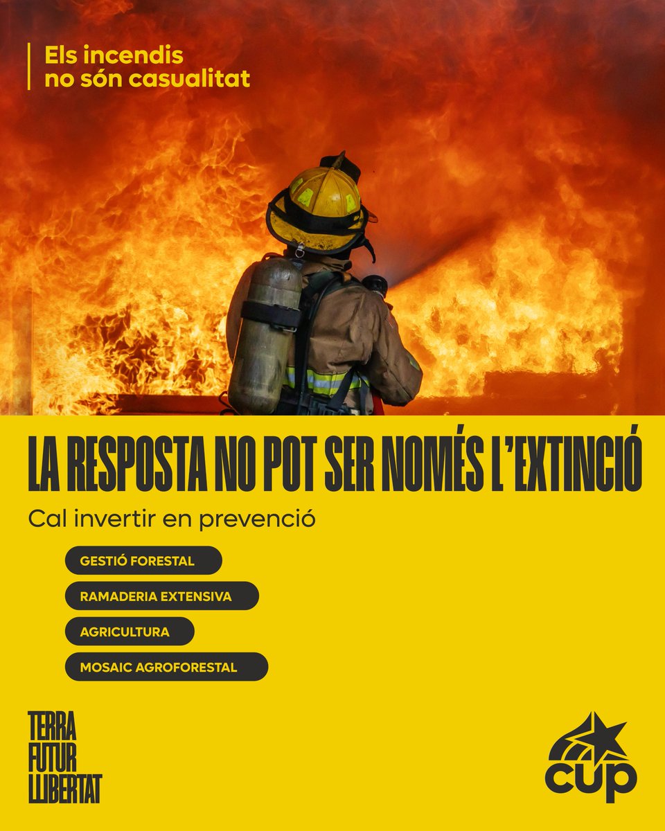 cupnacional's tweet photo. ➖Catalunya Nord
➖les Gavarres
➖Sentmenat
➖Soneixa

De nord a sud del país, incendis forestals conseqüència de  la manca de previsió i del model econòmic. 

➡️ Per una gestió planificada del territori que no només ens aboqui a l'extinció dels incendis.

🔀 Canviem el model https://t.co/EK3UdnFjEQ