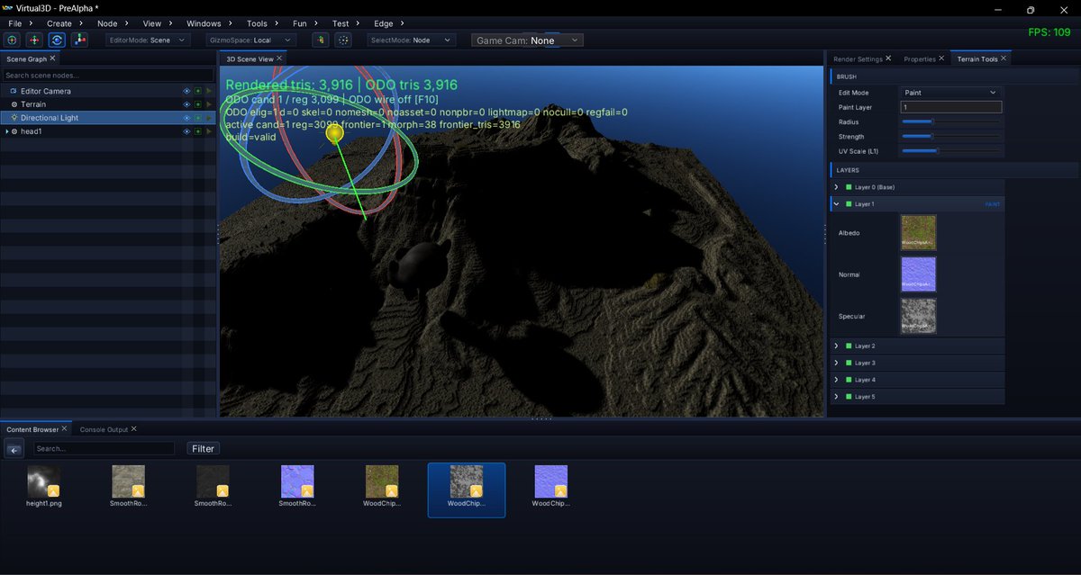 StarSignalDev's tweet photo. Terrains now have a custom CSM directional light shadow system. Point lights use the VSM system still. #gamedev #indiedev #virtual3D - Just one directional light in this scene. https://t.co/b2y6Yczgq8