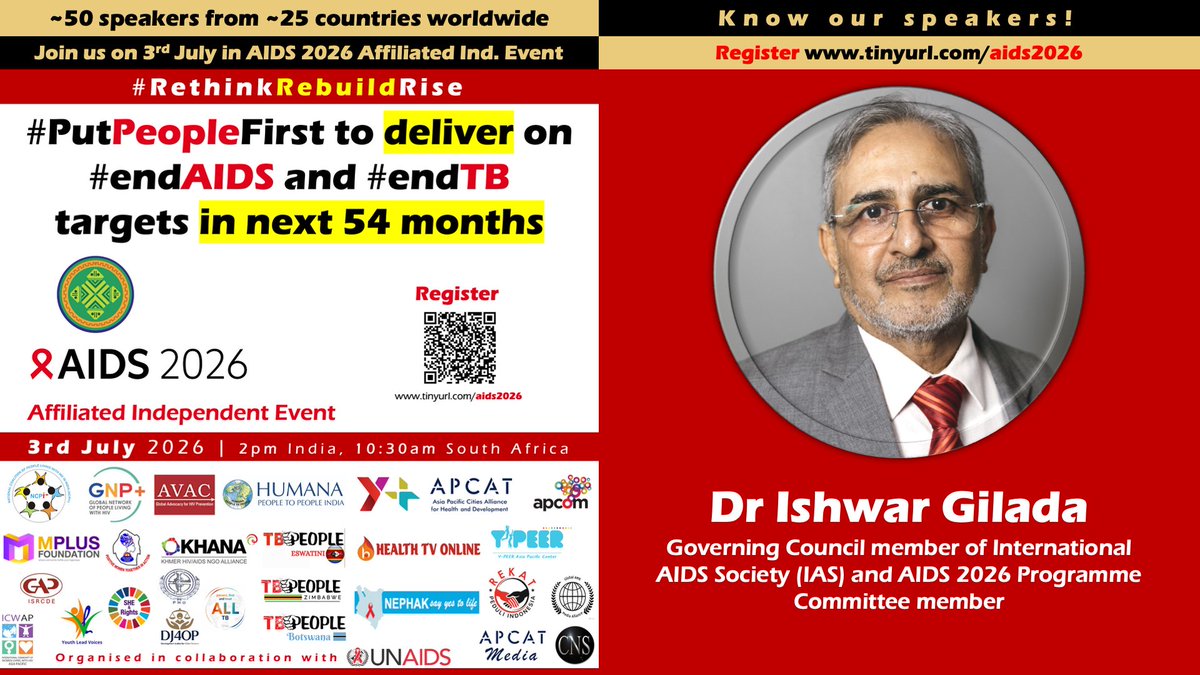 shobha1shukla's tweet photo. ⭐️Listen to insights from @DrGilada, @IASociety GC member who spoke at #AIDS2026 Affiliated Ind. Event: #RethinkRebuildRise to #PutPeopleFirst to #endAIDS & #endTB in next 54 months (by 2030)
👉Watch 04:57:40 - 05:04:40 of the recording👇
https://t.co/Er3Sed9tw3
#SDG3 #Health https://t.co/IZa9NBFgql