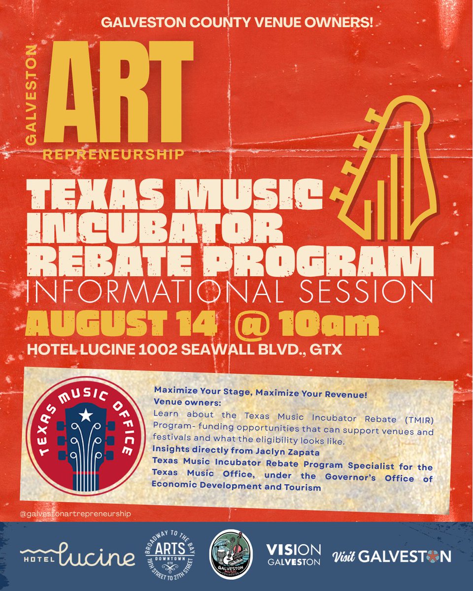 txmusicoffice's tweet photo. Registration is still open for the Texas Music Incubator Rebate Program (TMIR) Informational Session!

If you own or operate a Texas music venue or promote music festivals, join the Texas Music Office on August 14 in Galveston to learn how eligible applicants can receive up to $100,000 in rebates.

This free session will cover: • Program eligibility • The application process • Tips for submitting a successful application • Answers to your TMIR questions

Date: August 14, 2026
Time: 10:00–11:30 AM
Location: Hotel Lucine, Galveston

Register here:
https://t.co/6zG4ciQ2CE

@Visit_Galveston 

Tags for Instagram: #TexasMusic #TexasMusicOffice #TMIR #LiveMusic #MusicVenues #MusicFestivals #GalvestonTX