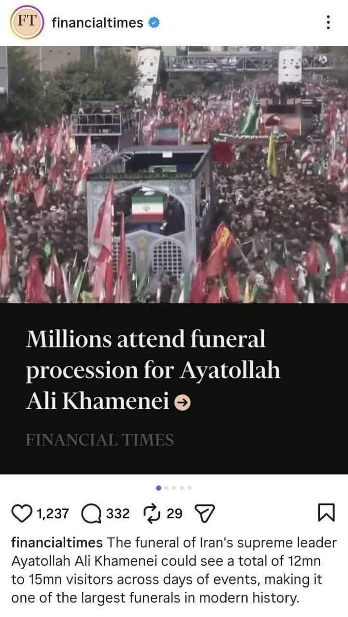 ammariyon313's tweet photo. فایننشال تایمز: مراسم تشییع رهبر معظم انقلاب، شاهد حضور بین ۱۲ تا ۱۵ میلیون نفر خواهد بود که آن را به بزرگ‌ترین مراسم تشییع تاریخ مدرن تبدیل خواهد کرد
#باید_برخاست
#روایت_بدرقه
#هر_روایت_یک_سند
#داغ_فرمانده https://t.co/4BZBVHYNeo