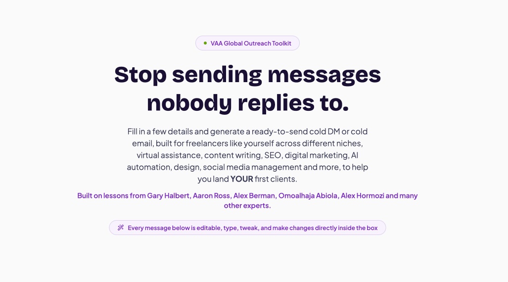 SirDavidBent's tweet photo. I found this free tool that literally writes your cold outreach for you —DMs, emails, Upwork proposals, even your headline. Built on stuff from real outreach pros (Gary Halbert, Aaron Ross, Alex Hormozi, and more).
Fill in a few details, get a message that's ready to send. 

I think this is very very good for Influencers, Social media managers, writers, and everyone with a skill to offer as services.

I can’t see this alone, use it here:
https://t.co/231jBForUb