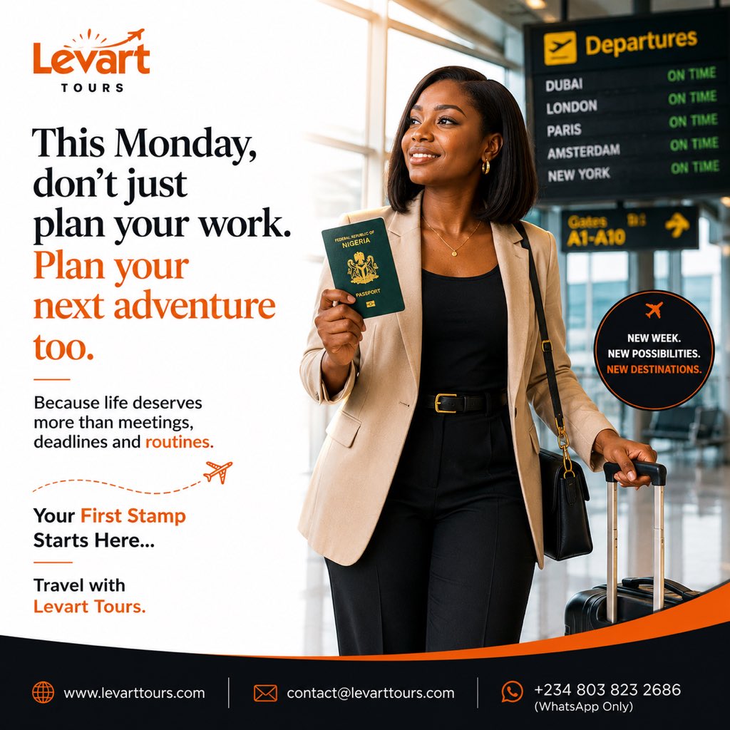 levarttours's tweet photo. Have a great week and remember, all you have to is call on +234 803 823 2686 (WhatsApp only) email contact@levarttours.com or visit https://t.co/xHHF6l7Irr to get started on that new or next adventure.

#travelwithlevart #travelwithlevarttours #traveltips #monday https://t.co/RGcL12AdlY