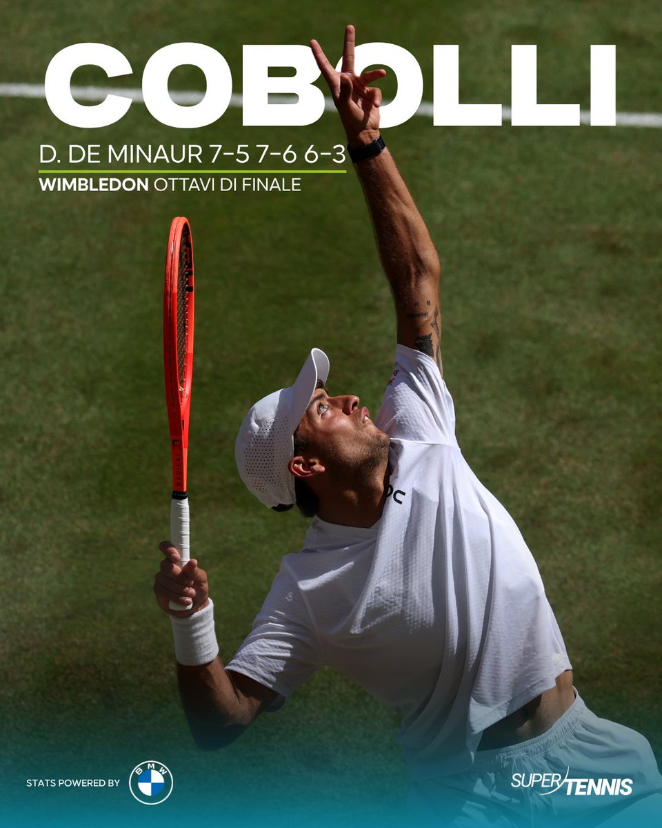 SuperTennisTv's tweet photo. 🔥 Che partita Flaviooooo

Cobolli supera De Minaur e conquista i quarti di finale di Wimbledon per il secondo anno consecutivo 👏

@BMWItalia https://t.co/Ja6JsJ8PAI