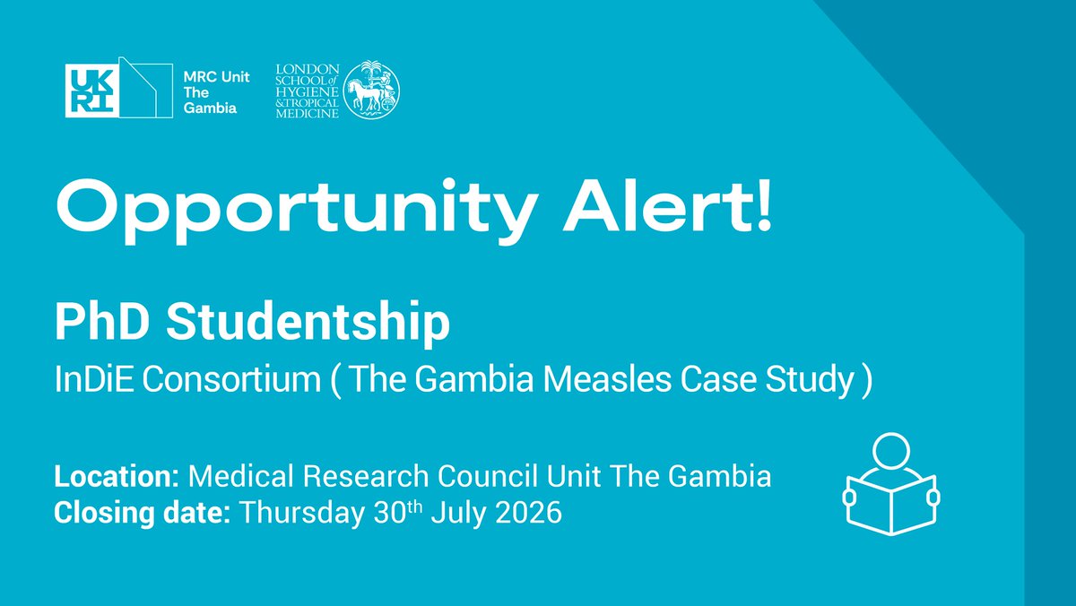 mrcunitgambia's tweet photo. 📢 We invite African researchers to apply for a fully funded PhD within the InDiE Consortium (Measles Case Study), funded by @Wellcome Discovery Award.

Read more 👉 https://t.co/BdNNvYg0U7

Contact: oghenebrume.wariri@lshtm.ac.uk | mrcg-training@lists.lshtm.ac.uk

🗓️30 July 2026 https://t.co/Z1zcrYvsHV