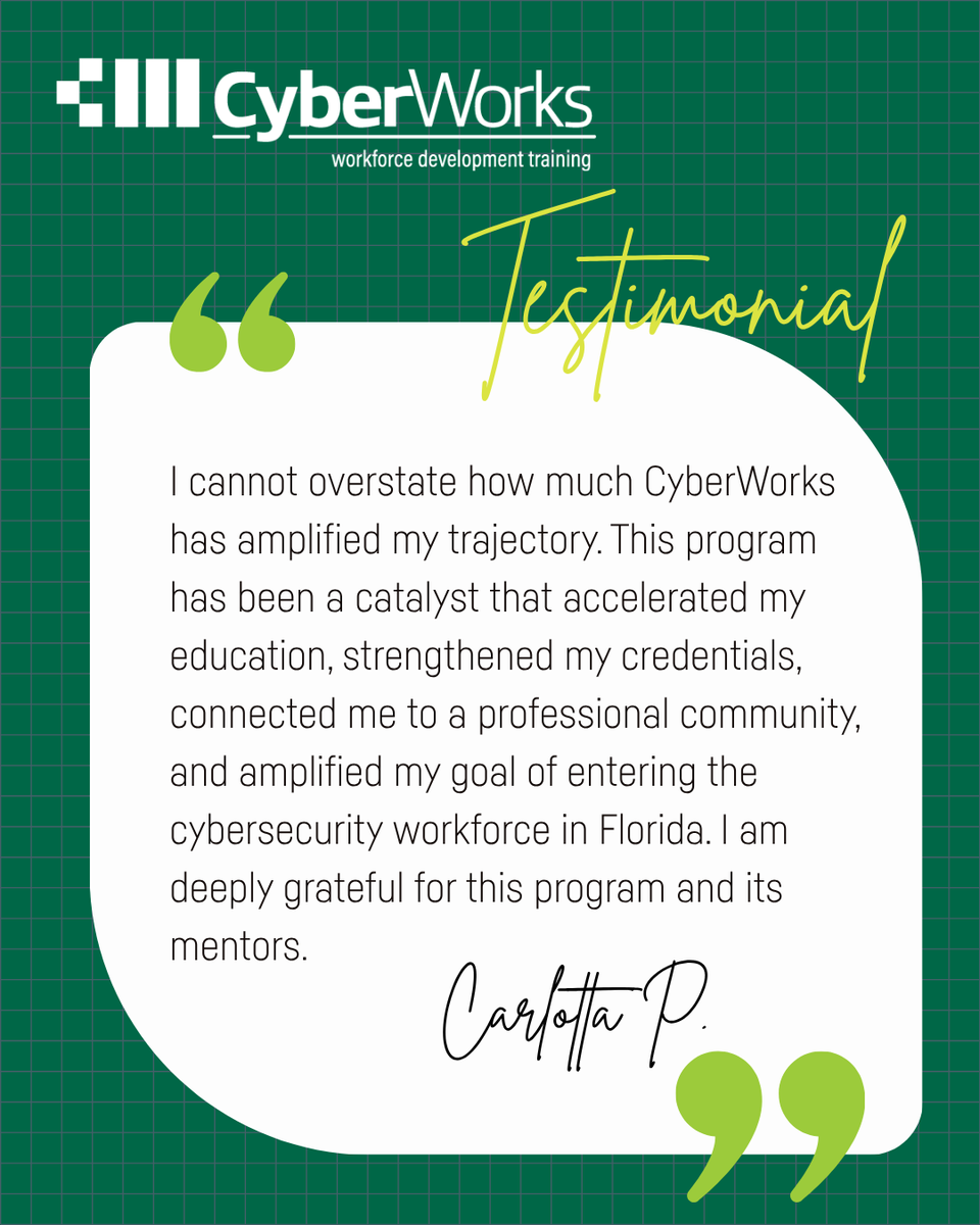 CyberSecurityFL's tweet photo. WOW! Your success story could be next. 
🔗 https://t.co/NAvprLhHat

CyberWorks is funded by the DoW CIO Cyber Academic Engagement Office &amp; the NSA National Centers of Academic Excellence in Cybersecurity Program https://t.co/s2bYbZnenn