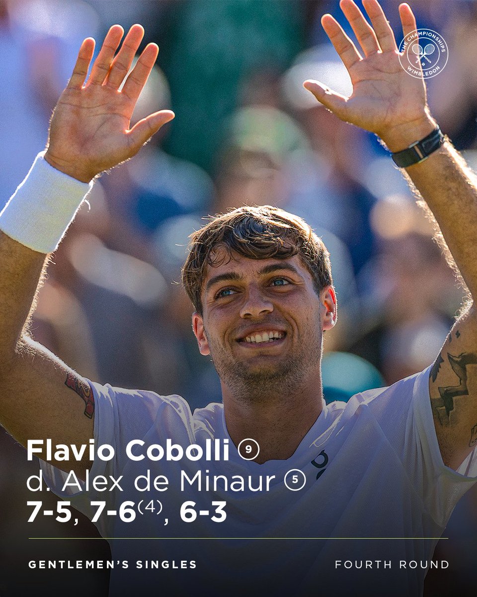 Wimbledon's tweet photo. Back-to-back quarter-finals 👏

Flavio Cobolli notches a fine win against Alex de Minaur 7-5, 7-6(4), 6-3

#Wimbledon https://t.co/hQlozCoh5y