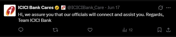 VibrantAnkur's tweet photo. @ICICIBank @ICICIBank_Care 
We are approaching 1 month and there's been no word from your team. Such a pathetic customer service!!

These are your replies on 10th, 11th, 14th &amp; 17th June 2026...

(Part 1) https://t.co/nw1YZ03atO