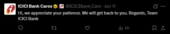 VibrantAnkur's tweet photo. @ICICIBank @ICICIBank_Care 
We are approaching 1 month and there's been no word from your team. Such a pathetic customer service!!

These are your replies on 10th, 11th, 14th &amp; 17th June 2026...

(Part 1) https://t.co/nw1YZ03atO
