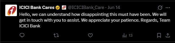 VibrantAnkur's tweet photo. @ICICIBank @ICICIBank_Care 
We are approaching 1 month and there's been no word from your team. Such a pathetic customer service!!

These are your replies on 10th, 11th, 14th &amp; 17th June 2026...

(Part 1) https://t.co/nw1YZ03atO