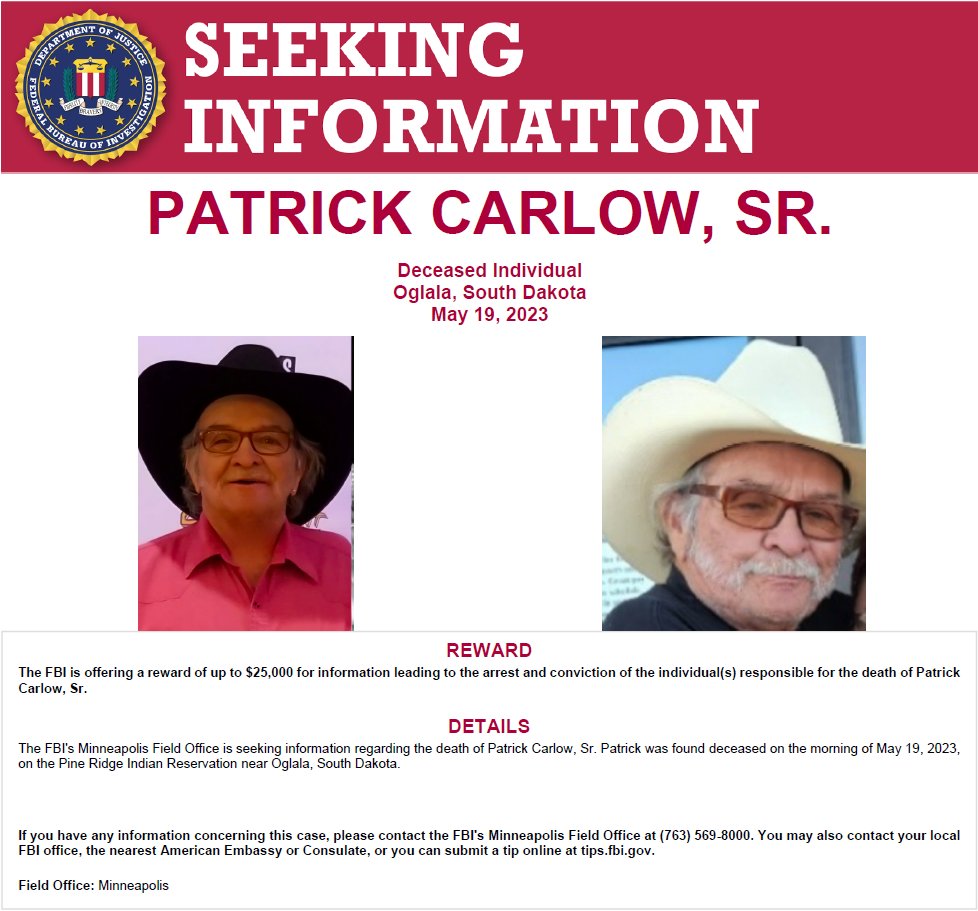 FBIMinneapolis's tweet photo. FBI is offering a #REWARD of up to $25,000 for information leading to the arrest and conviction of the individual(s) responsible for the death of Patrick Carlow, Sr. Contact the #FBI at 800-CALL-FBI or via https://t.co/N0nXE2oZYg

"The FBI is dedicated to finding justice for all crime victims. It only takes one person to do the right thing for a grieving family. There is no better time than now to come forward with information that will answer the outstanding questions about Mr. Carlow's death." – FBI Minneapolis SAC Christopher Dotson

Read more: https://t.co/sBuIx1bP18