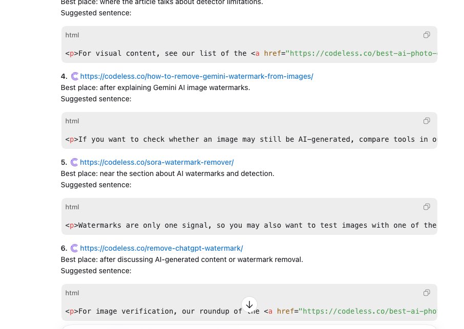 eldoroshi's tweet photo. ChatGPT Codex agent is also amazing for internal linking.

I just created a new article and asked it which existing articles I could link to from this new one.

It crawled website urls, found the most relevant posts, and suggested natural internal links in seconds. 

Huge time saver for SEO.