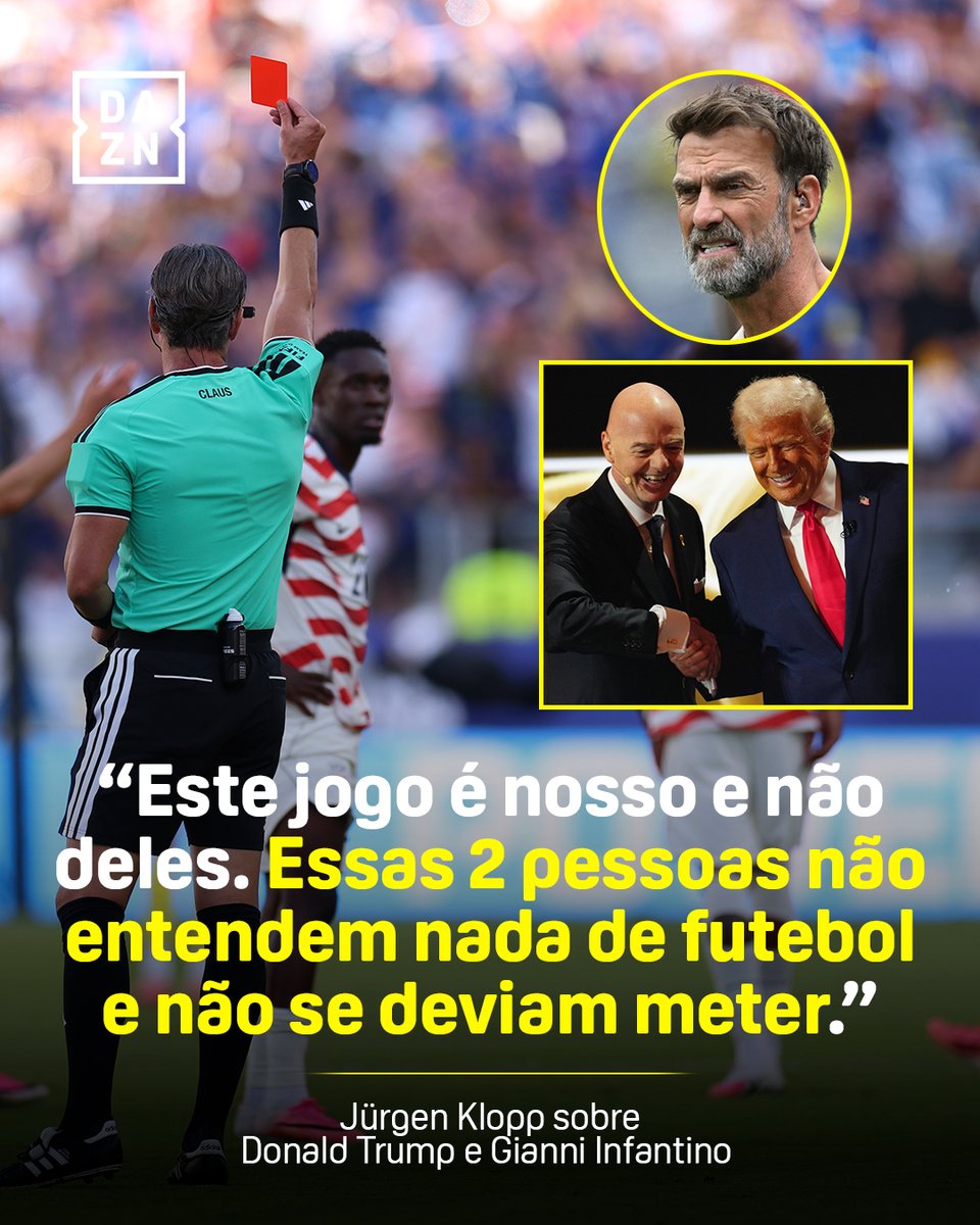 DAZNPortugal's tweet photo. Depois de Donald Trump ter ligado a Gianni Infantino para removerem o cartão vermelho a Balogun, Klopp não poupou nas críticas a ambos.

#DAZNFIFAWC https://t.co/0YRmAJa84v