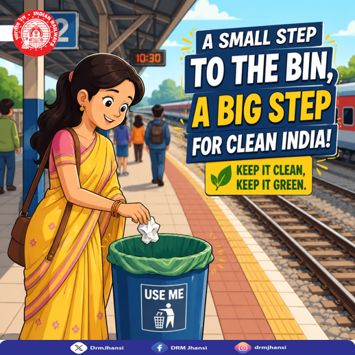 DrmJhansi's tweet photo. 🚮 A clean station reflects responsible passengers.
Every piece of waste belongs in the bin. Together, let's make every railway journey cleaner, greener, and better for everyone.
#UseTheBin #CleanRailways #IndianRailways #SwachhRail https://t.co/mA7vn7wWWV